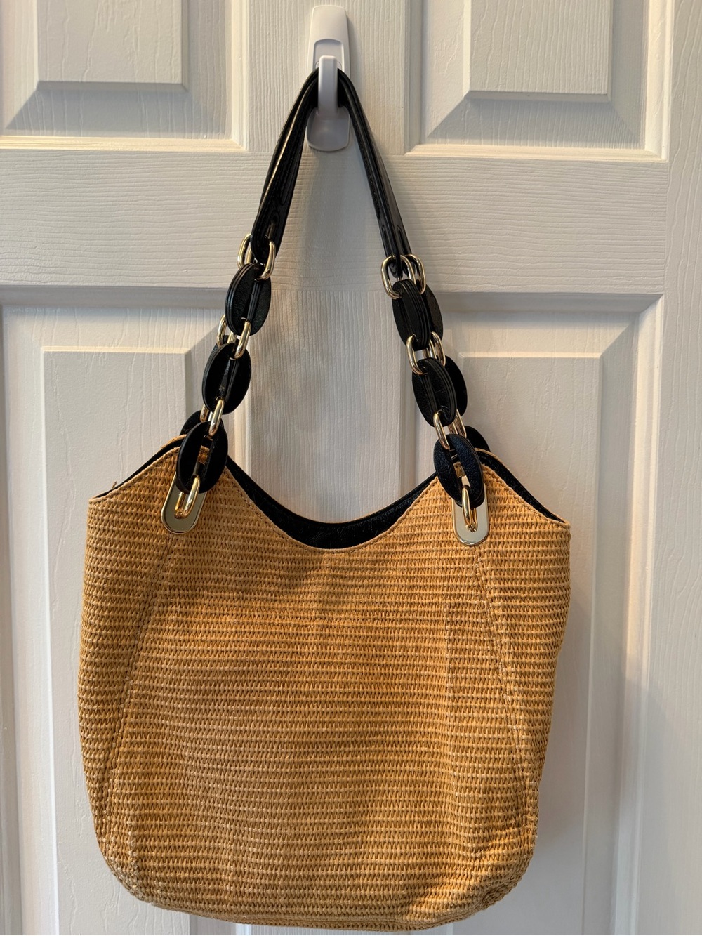 Michael Kors Woven Straw shoulder Bag with Black Chain-Link Straps